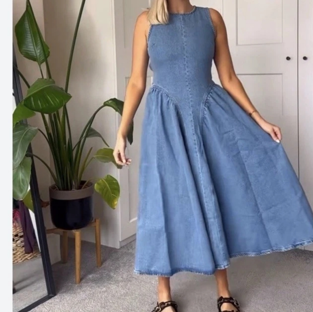 H&M Gorgeous Open-back Denim Dress Maxi Back Tie Cotton Light Denim Blue nwt